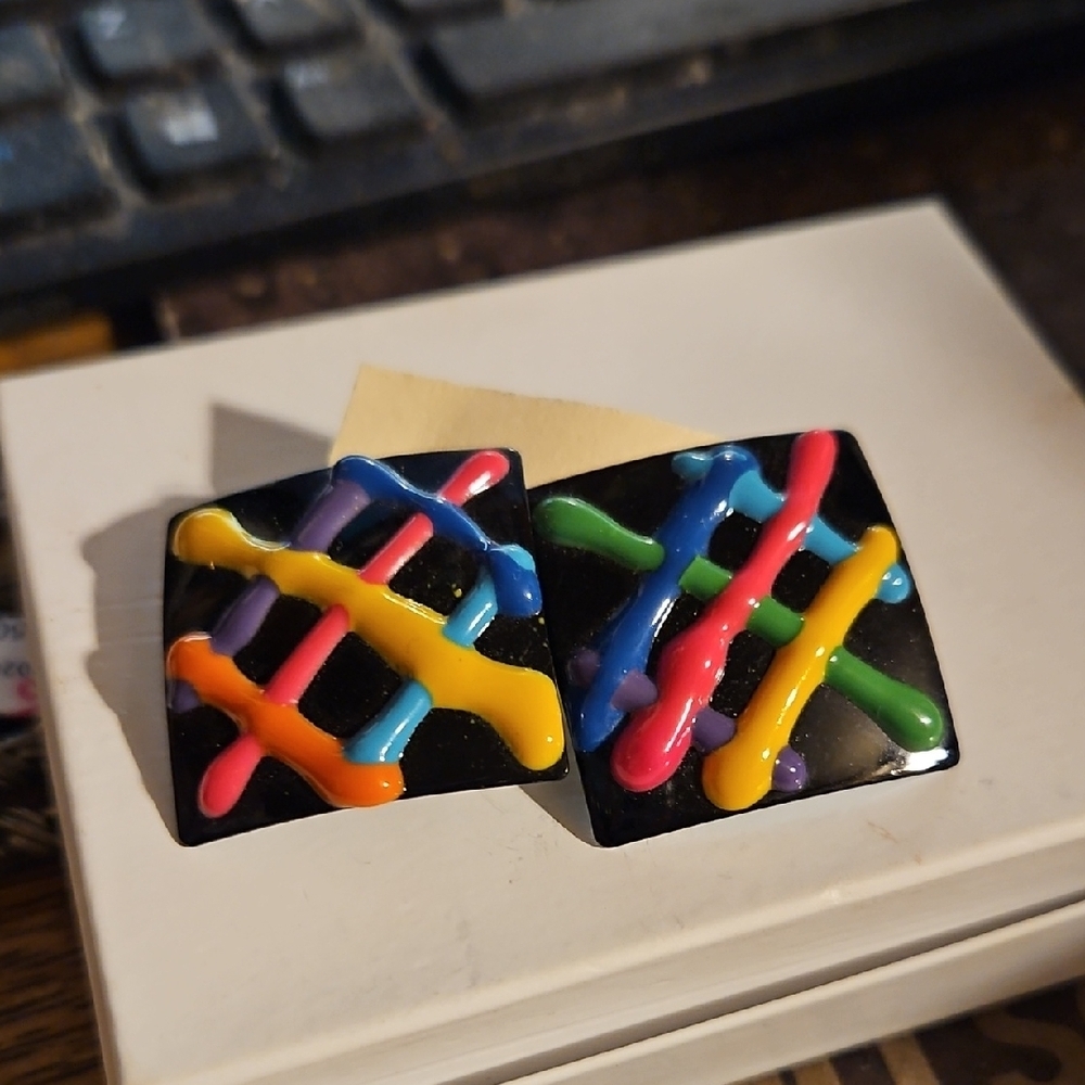 Vintage 80's Colorful Striped Square Pierced Earrings